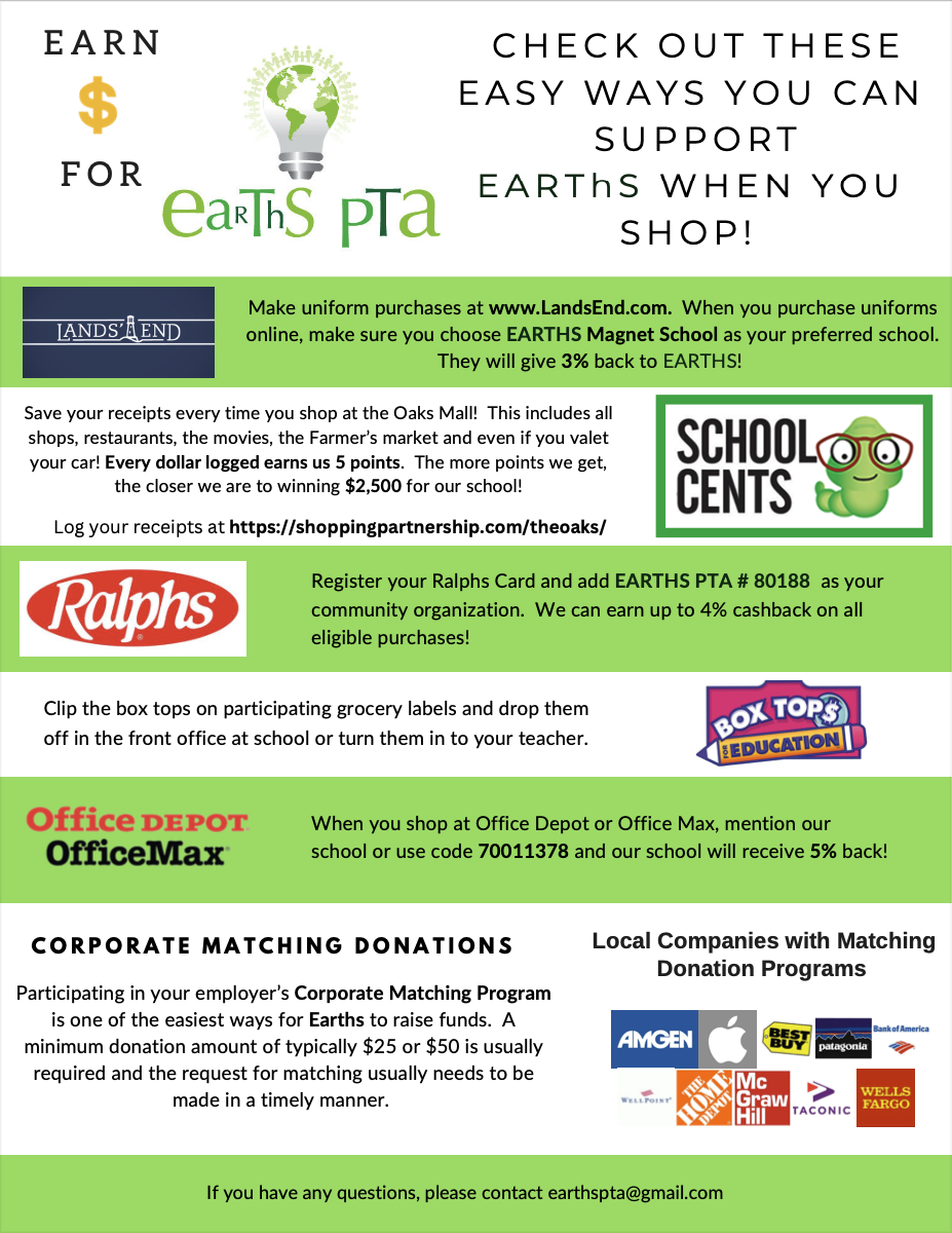 Earn $ For Earths PTA